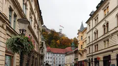 Lidé chodí po ulici mezi budovami během dne