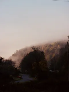 Mlžný východ slunce na kopci s lesem v české krajině