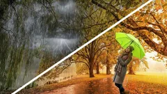 Podzimní park: vlevo deštivé počasí, vpravo slunečný den s ženou a zeleným deštníkem.