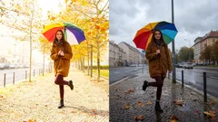 Žena s barevným deštníkem na podzimní ulici za slunečného a deštivého počasí.
