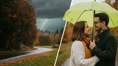 Podzimní krajina a zamilovaný pár pod deštníkem v deštivém počasí