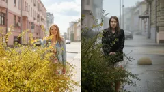 Porovnání slunného a deštivého počasí ve městě, žena stojí u keře na ulici.